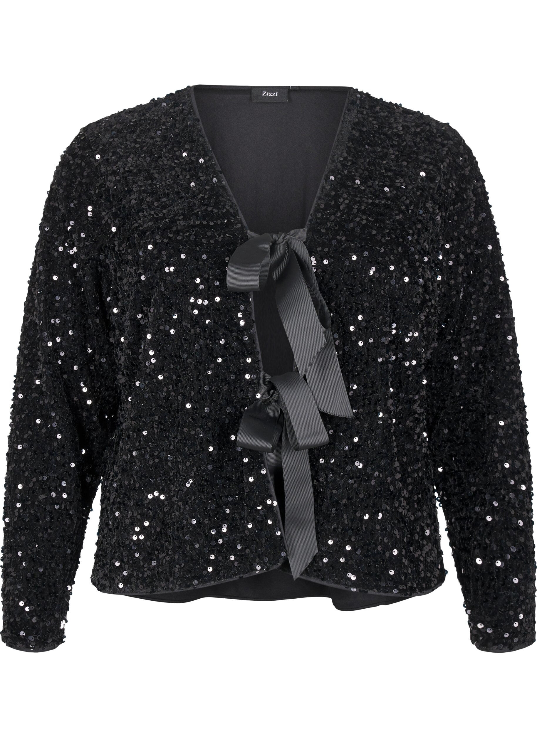 Zizzi Pailletten blouse met strikdetails, Black, Packshot image number 0