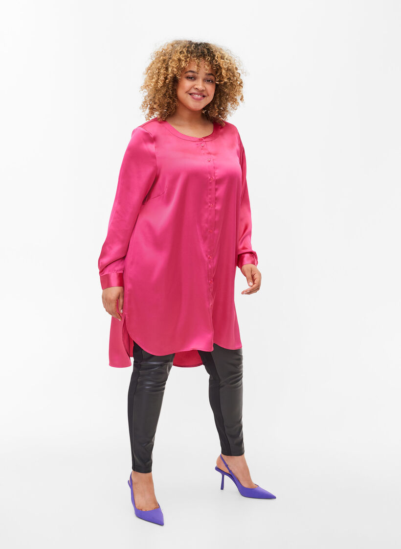 Lang glanzend shirt met split, Pink Flambé, Model image number 2