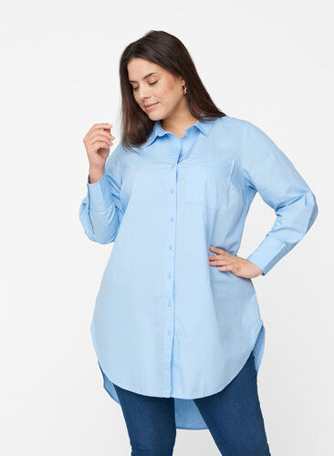 Lange katoenen blouse met borstzakje, Blue Heron, Model image number 0