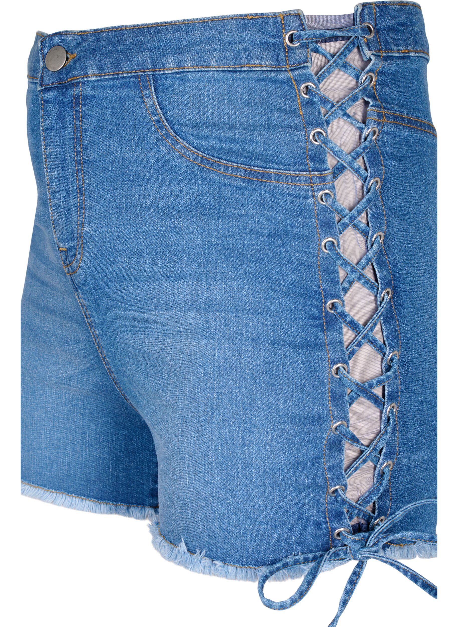 Zizzi Korte spijkerbroek met veter details, Blue Denim, Packshot image number 2