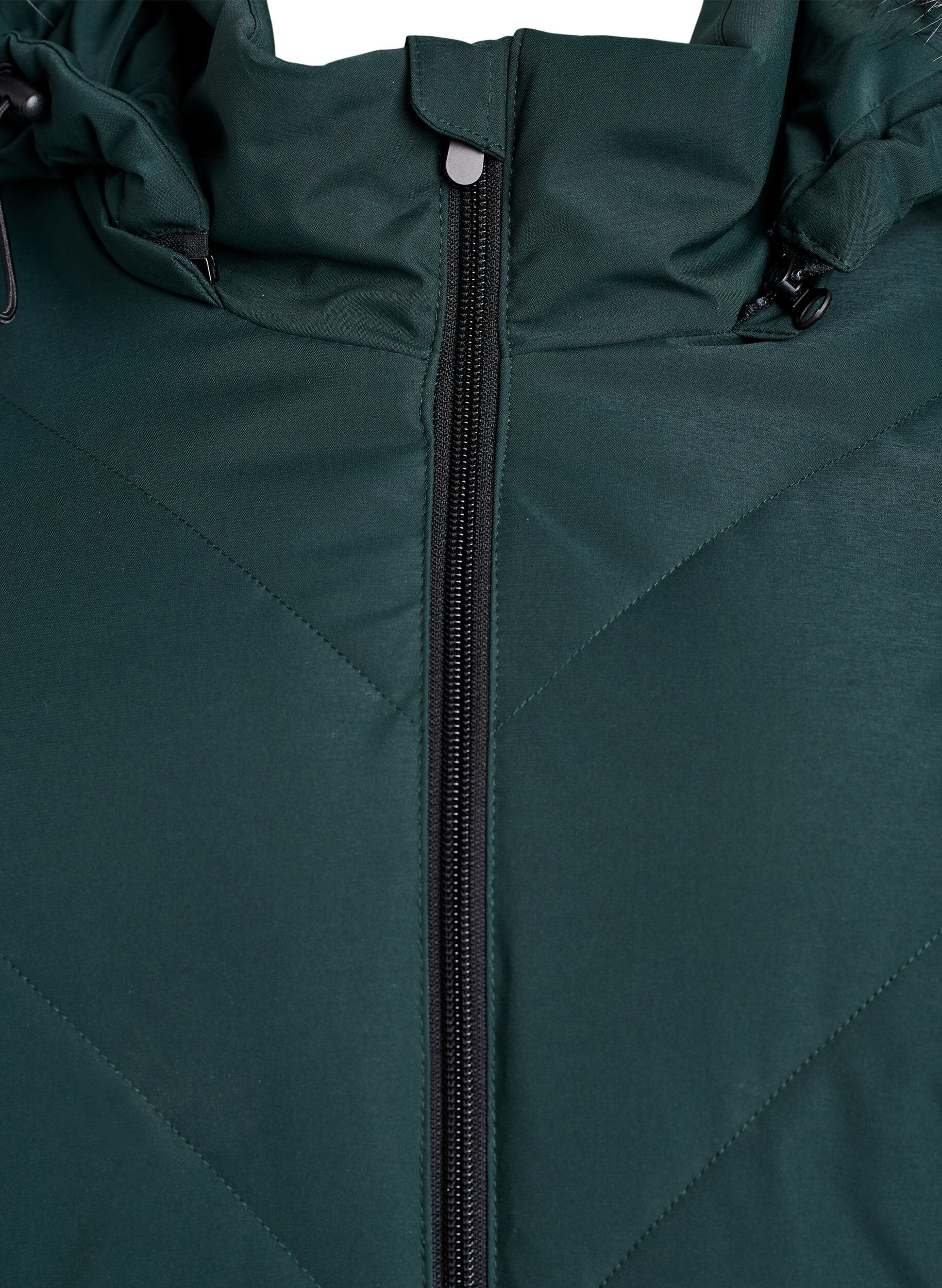 ZizziLange winterjas met haaksluitingen en een nep bontkraag, Groen, Packshot image number 2