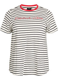 Gestreept katoenen T-shirt met geborduurde tekst, Vanille