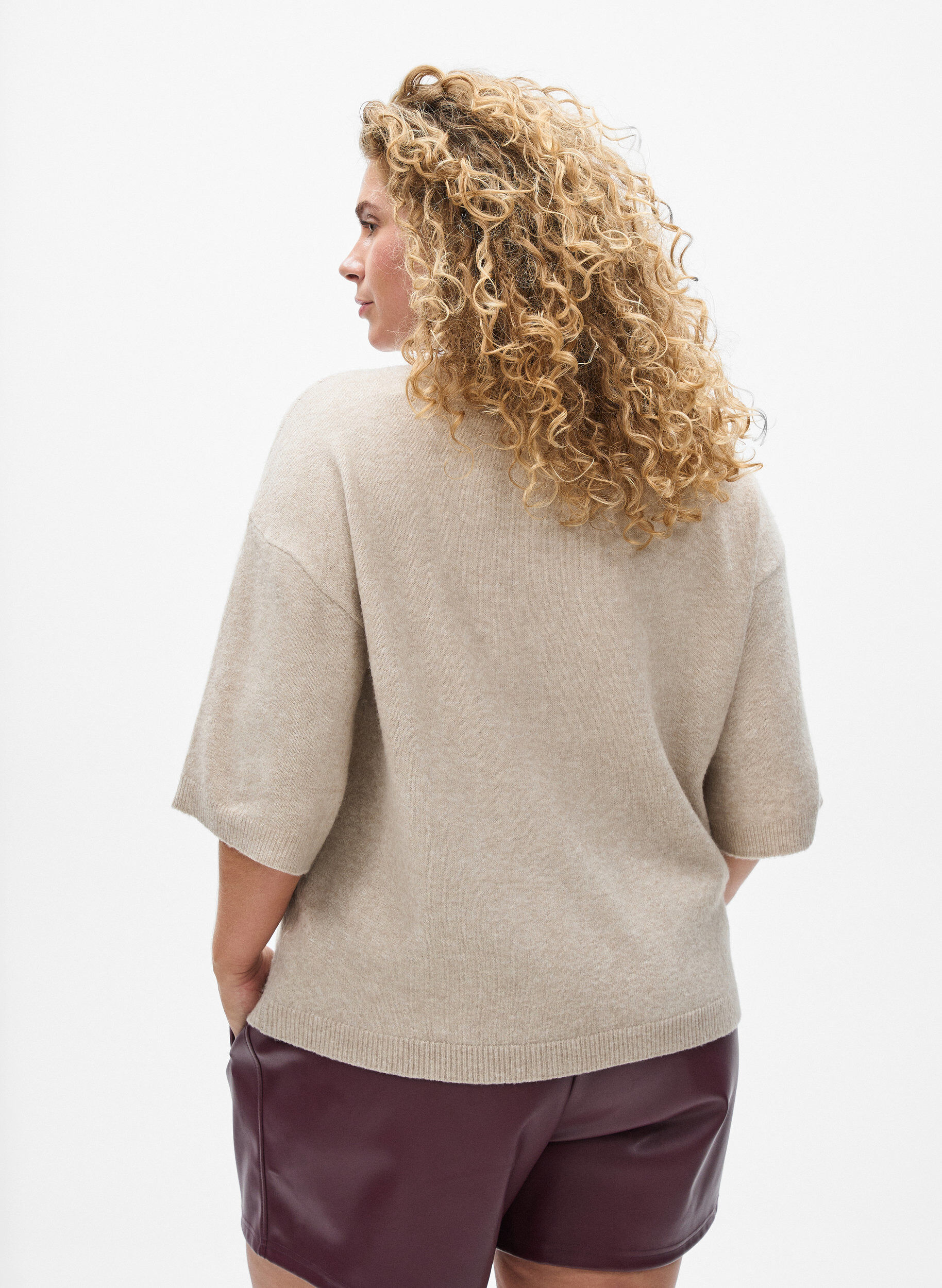 ZizziLos gebreide shirt met korte mouwen, Beige, Model image number 2