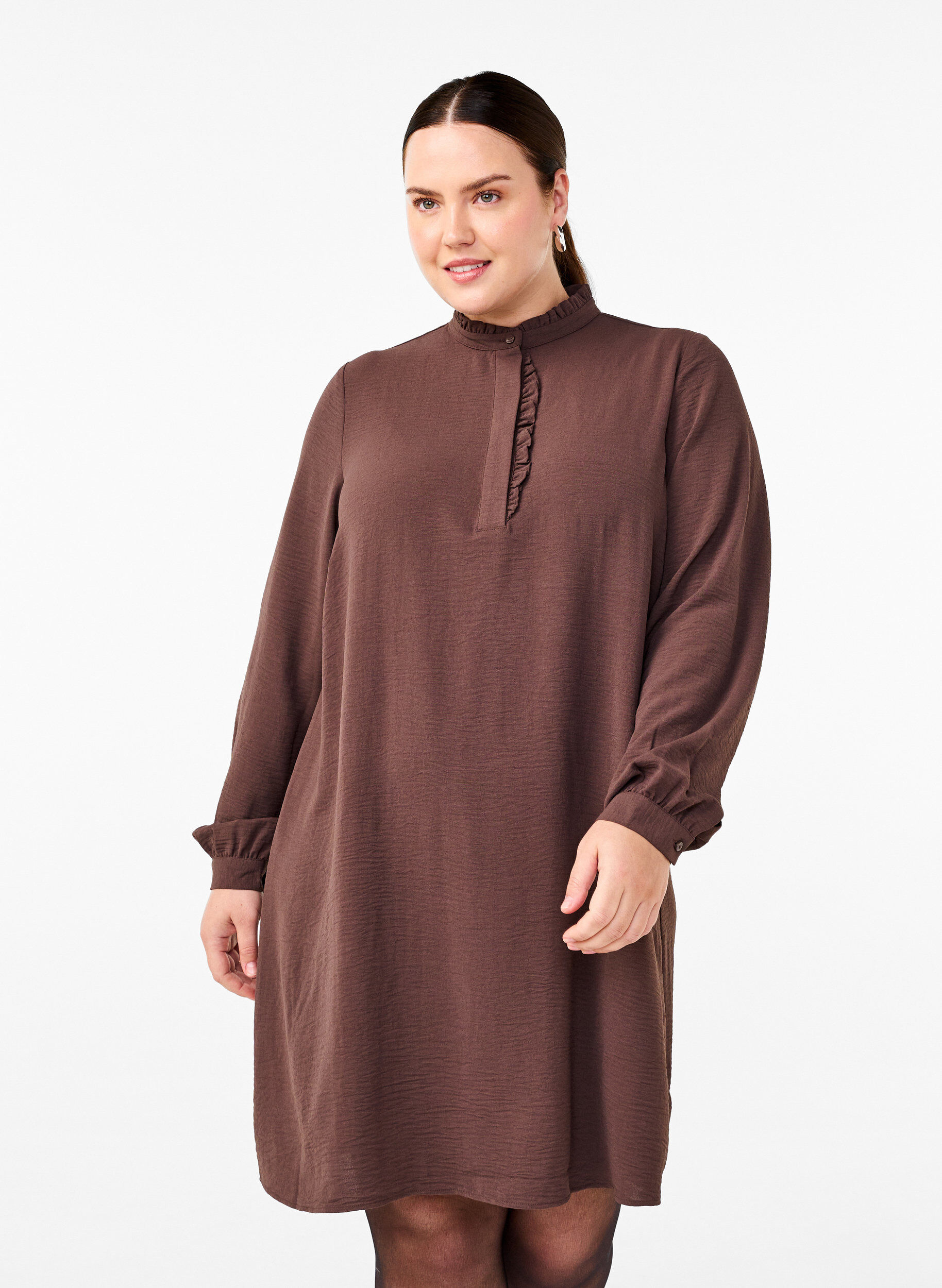 Zizzi Jurk met lange mouwen en details met ruches, Chocolate Martini, Model image number 0