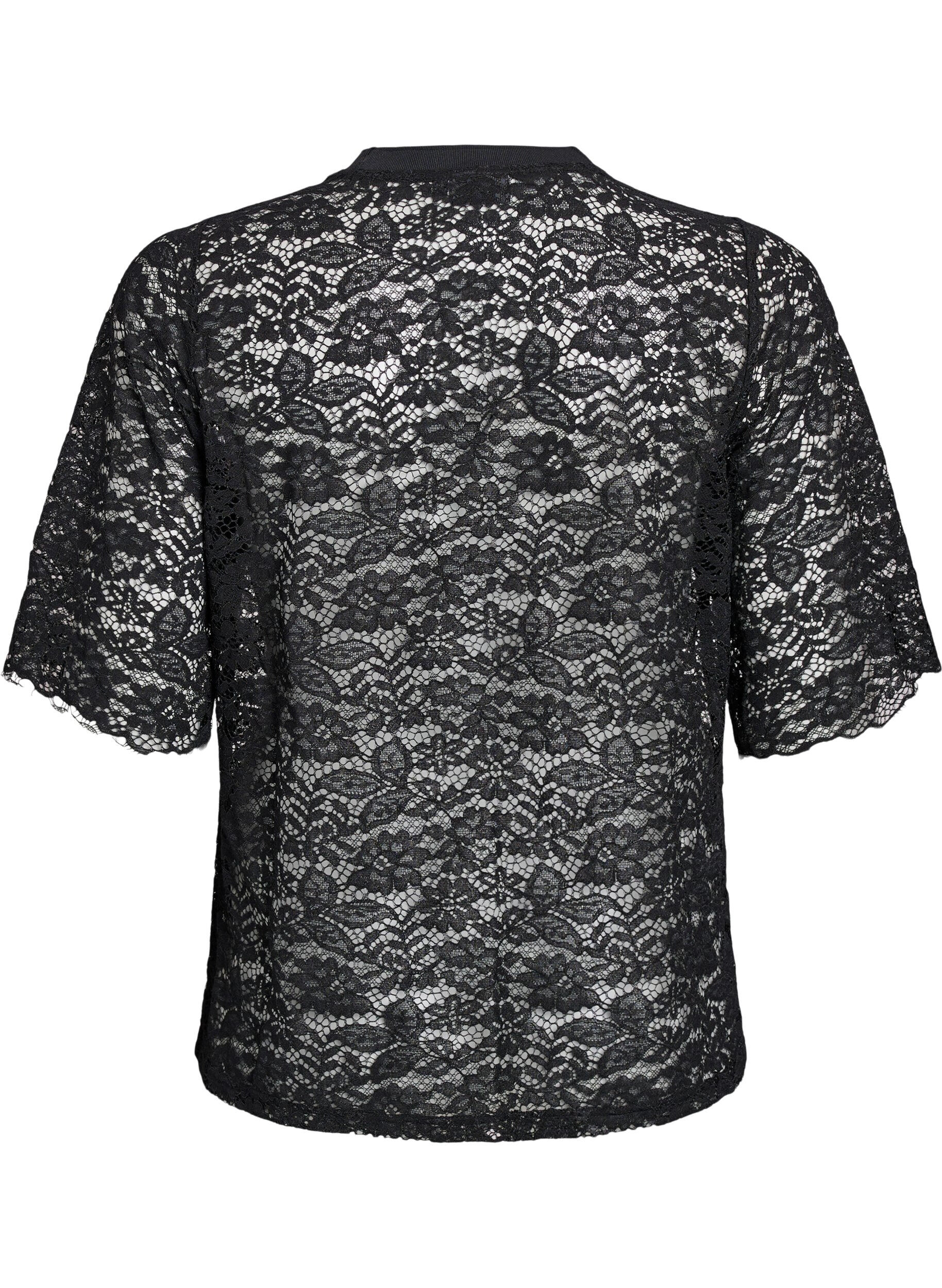 Zizzi Kanten blouse met korte mouwen en ronde hals, Zwart, Packshot image number 1