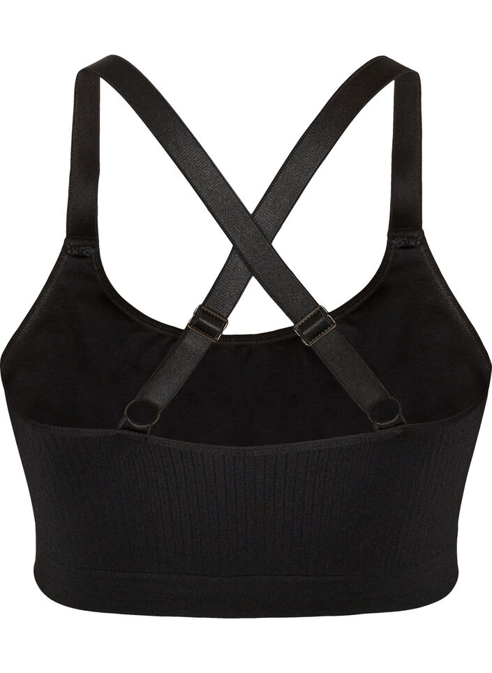 Naadloze geribde sportbeha, Zwart, Packshot image number 1