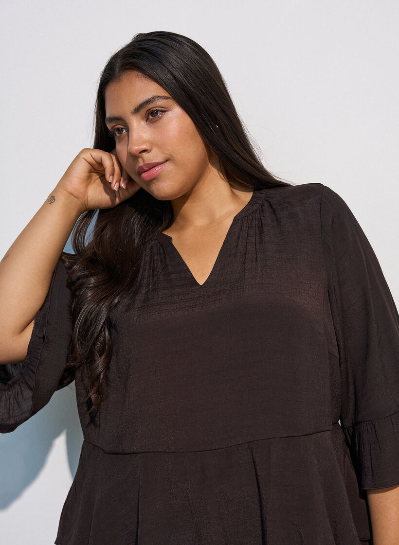 Blouse met 3/4-mouwen en ruchesdetails, Bruin, Model image number 3