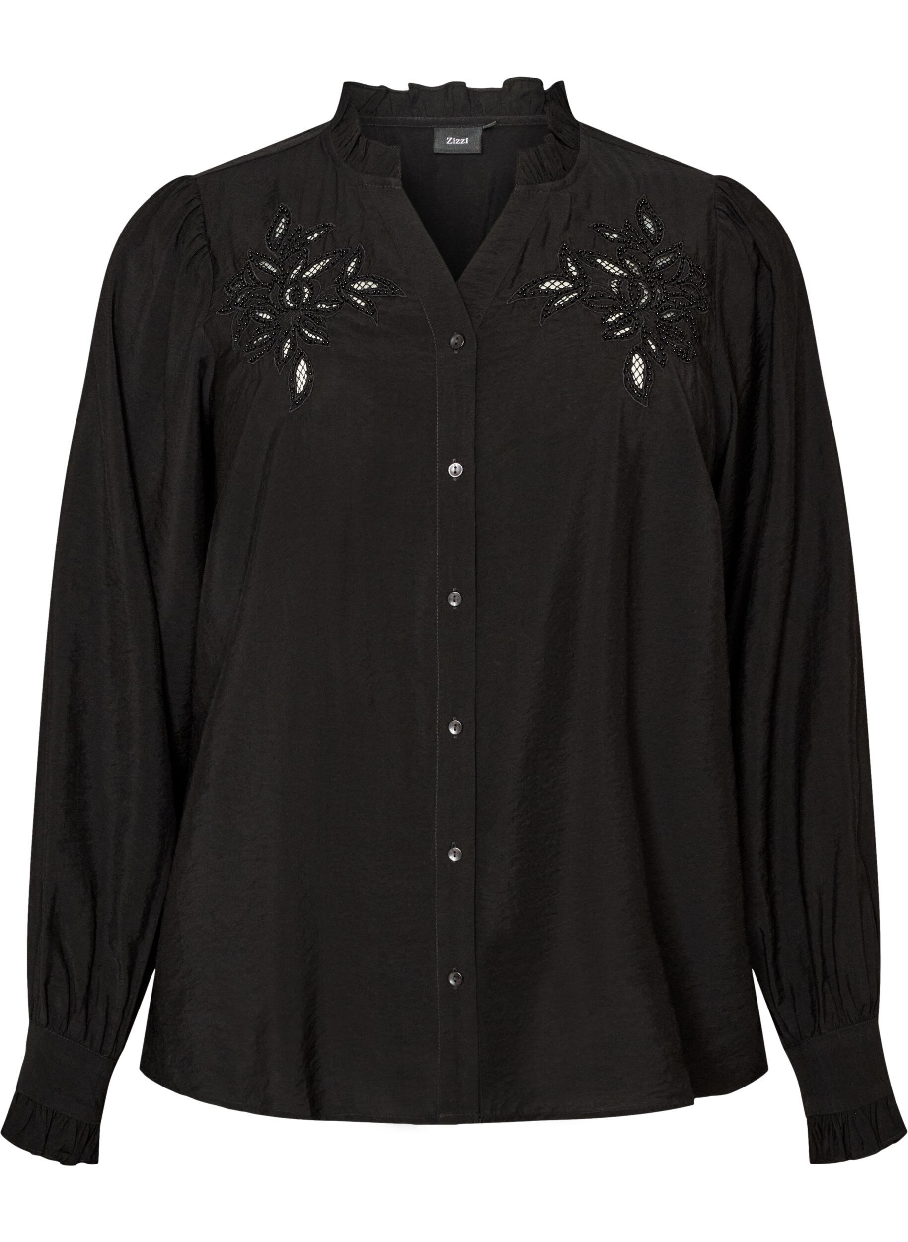 ZizziShirtblouse met geborduurde bloemapplicaties, Zwart, Packshot image number 0