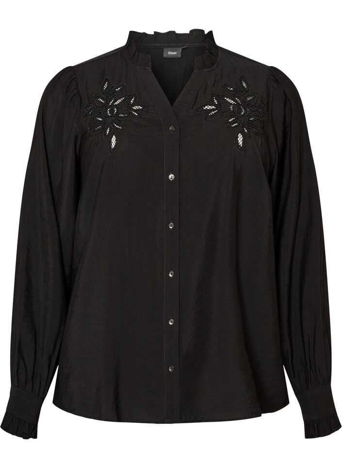 Shirtblouse met geborduurde bloemapplicaties, Zwart, Packshot image number 0