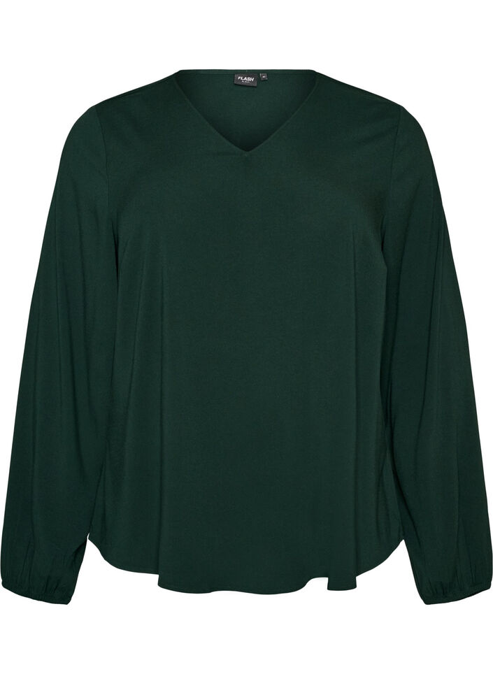 Viscose blouse met V-hals en afgeronde zoom, Groen, Packshot image number 0