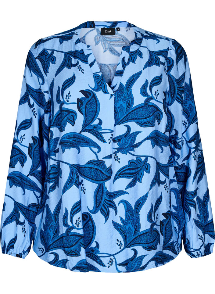 Blouse met lange mouwen in paisleydesign en v-hals, Blue Paisley AOP, Packshot image number 0