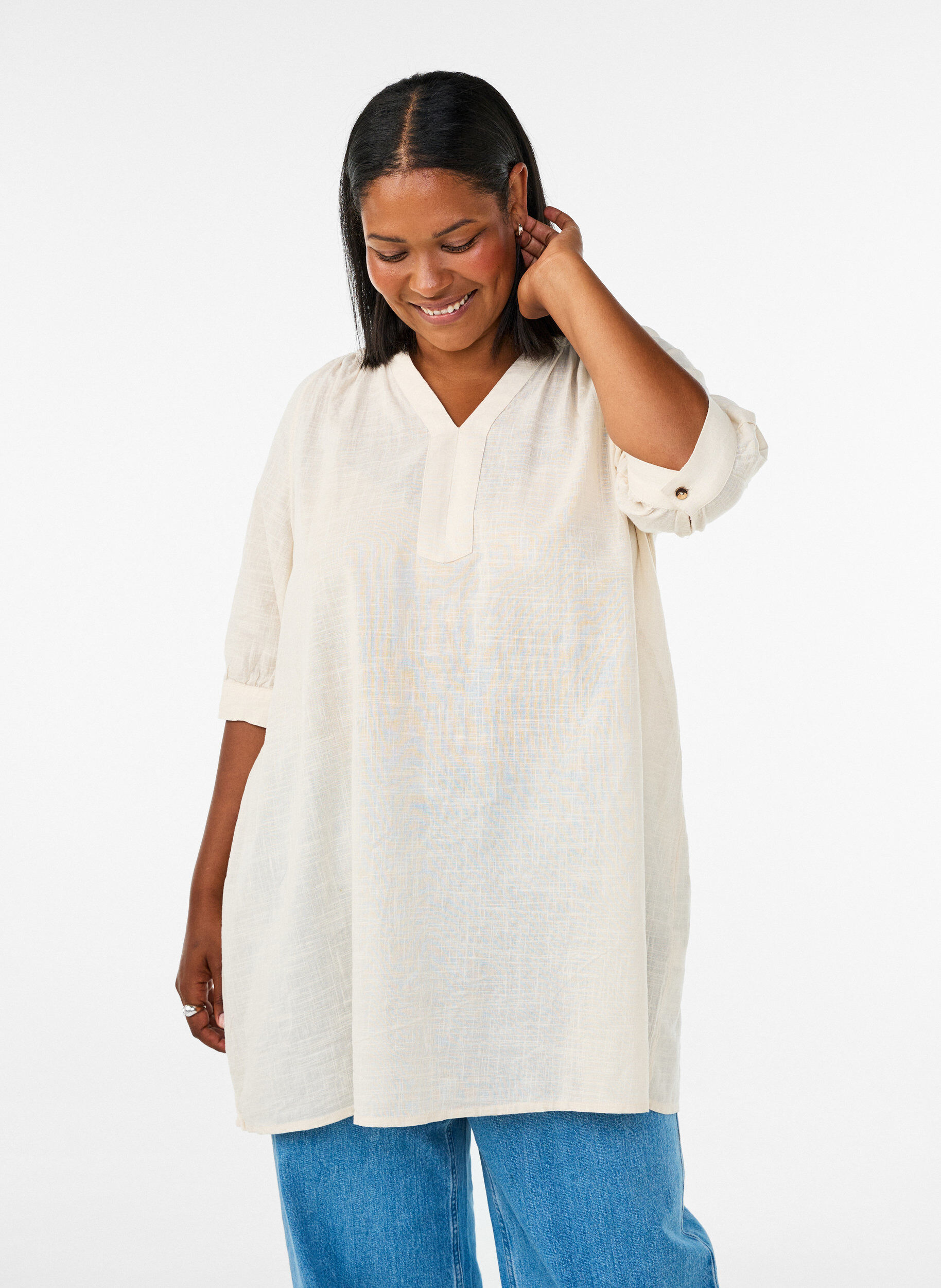 Katoenen tuniek met V-hals, Vanille, Model
