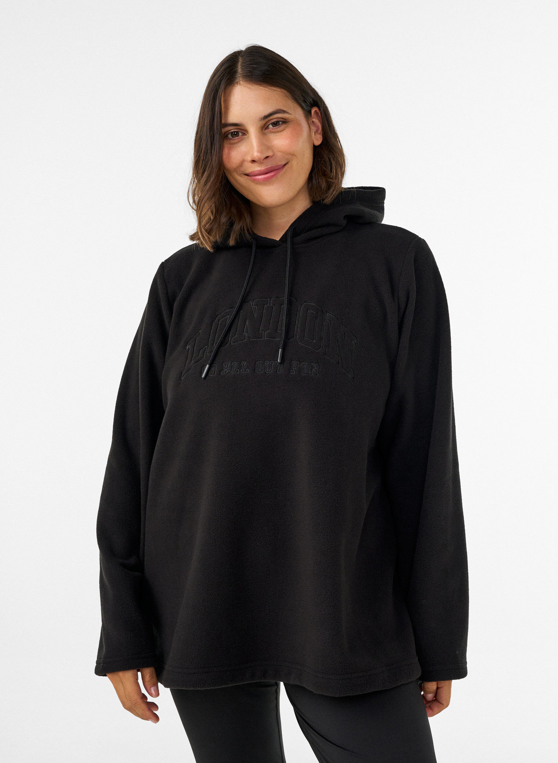 Fleece hoodie met een hoge nek en geborduurde tekst, Zwart, Model