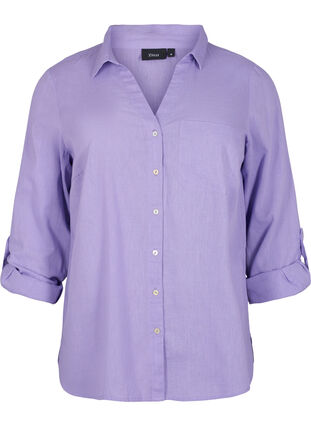 Overhemdblouse met knoopsluiting in katoen-linnen mix, Lavender, Packshot image number 0