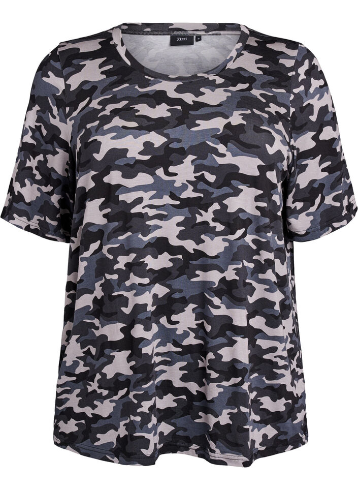 T-shirt met TENCEL&trade; Lyocell en camouflageprint, Grijs, Packshot image number 0