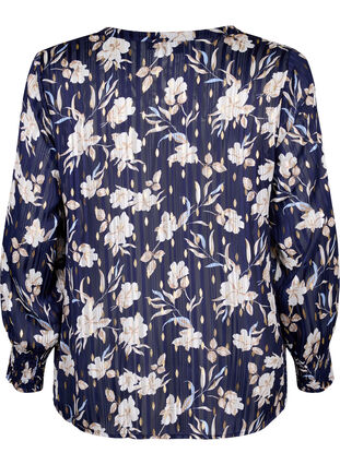 Bedrukte blouse met smok en v-hals, Blue Flower, Packshot image number 1