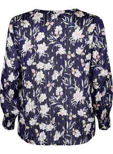 Bedrukte blouse met smok en v-hals, Blue Flower, Packshot image number 1