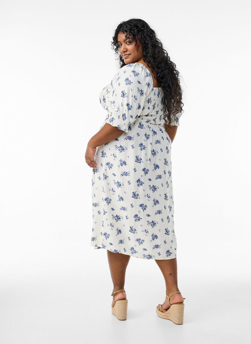 Gebloemde viscose midi-jurk met smock, Wit, Model image number 1