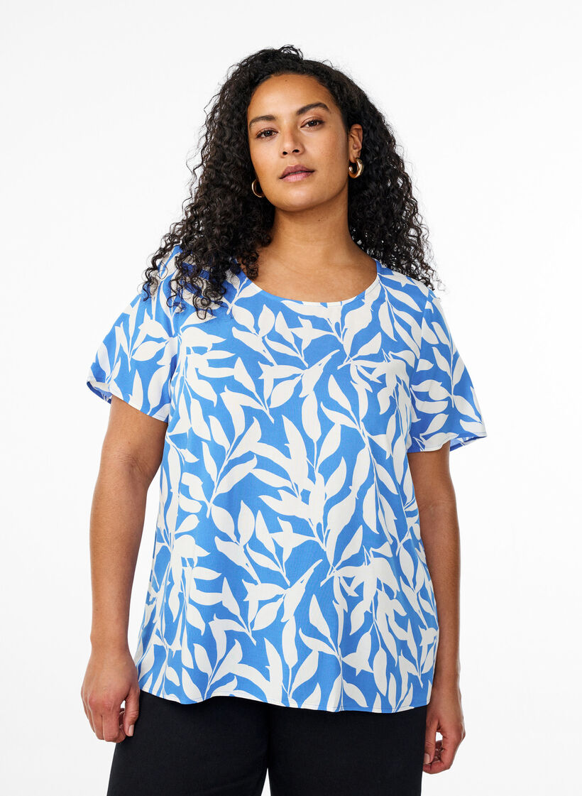 FLASH - Viscose blouse met korte mouwen en print, Blauw, Model image number 0