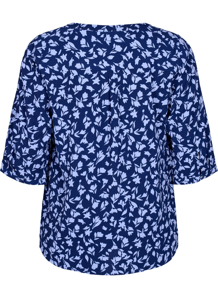 Gebloemde blouse met 3/4 mouwen, M. Blue Flower AOP, Packshot image number 1