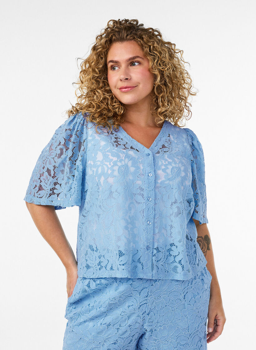 Kanten shorts met hoge taille en zakken, Blauw, Model image number 0
