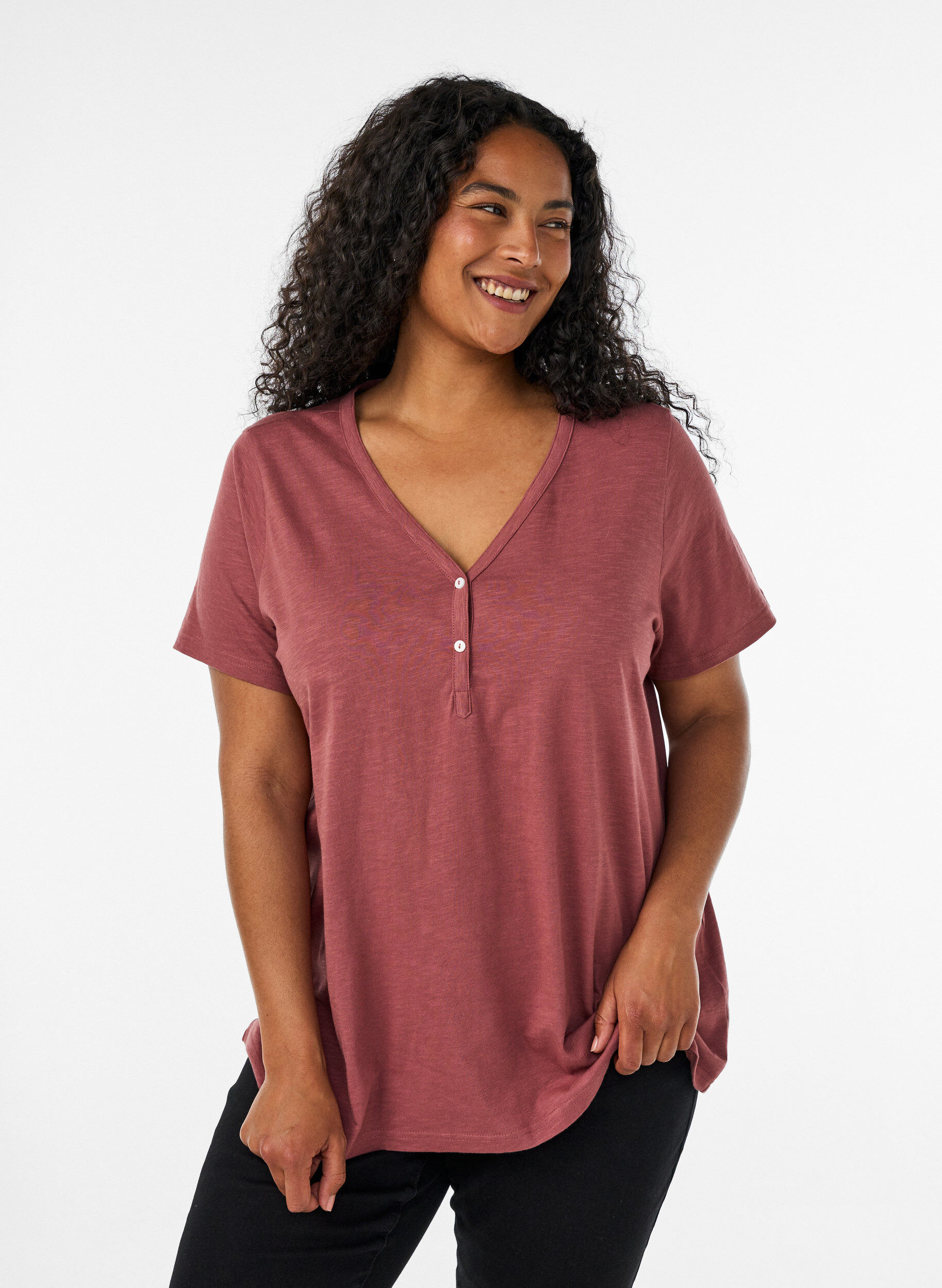 T-shirt met knoopdetail, Bruin, Model