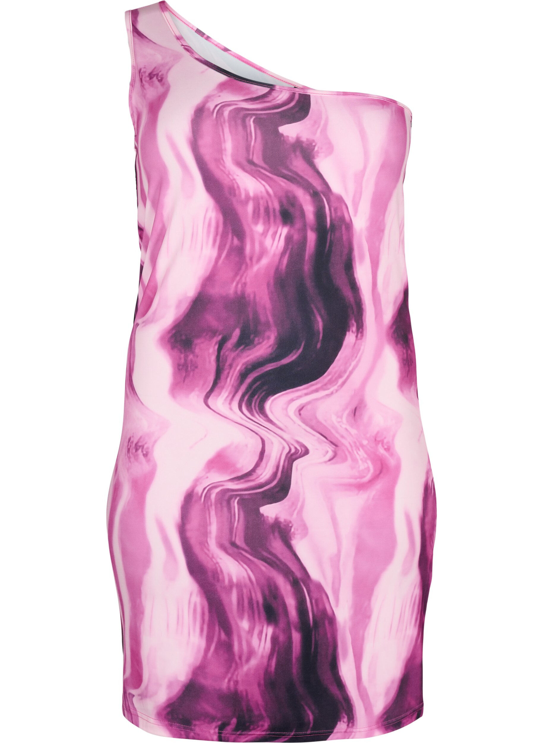 Zizzi Nauwsluitende one-shoulder jurk met print, Raspberry Rose AOP, Packshot image number 0