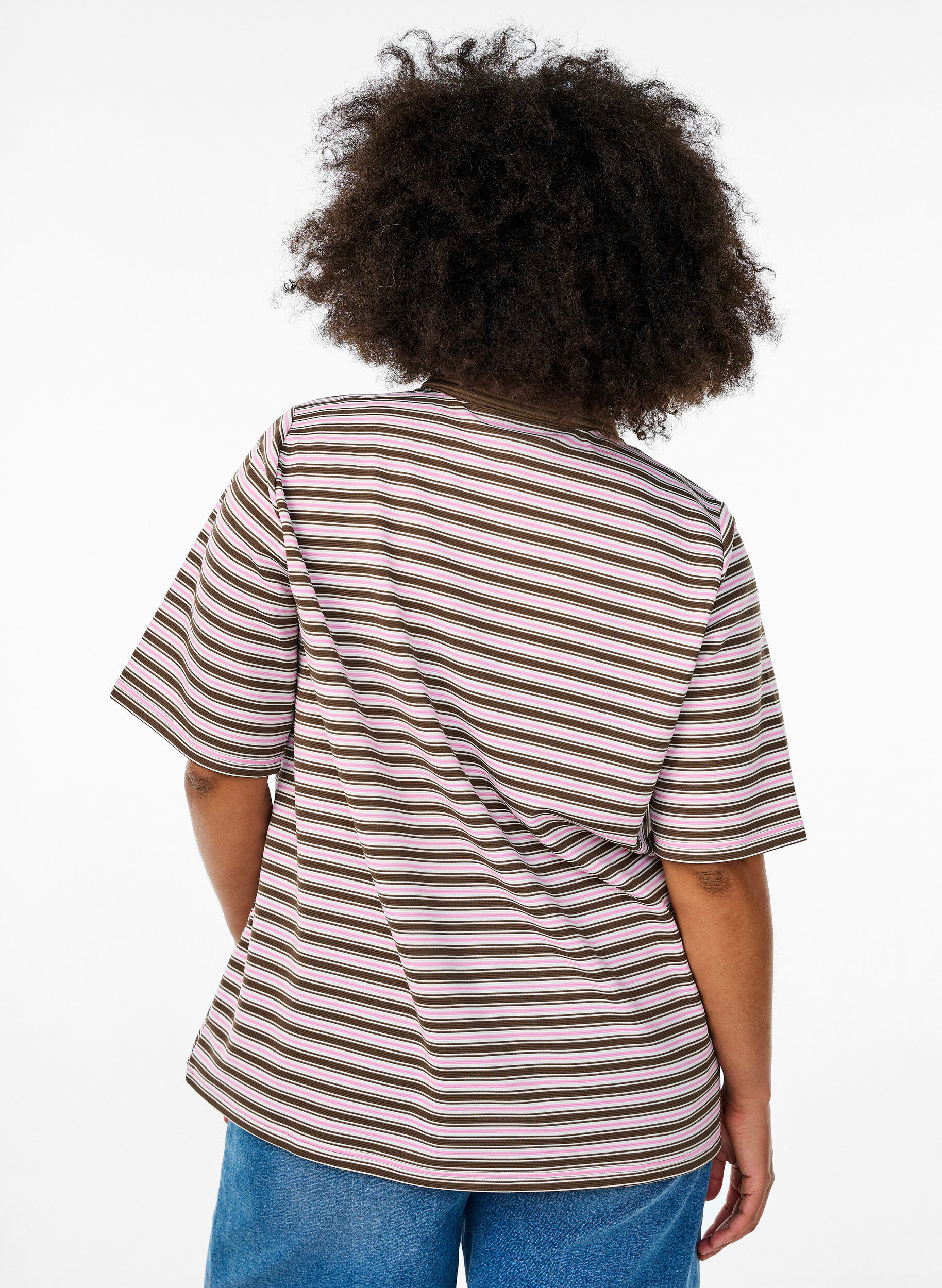 Zizzi Gestreept poloshirt met korte mouwen en rits, Bruin, Model image number 2