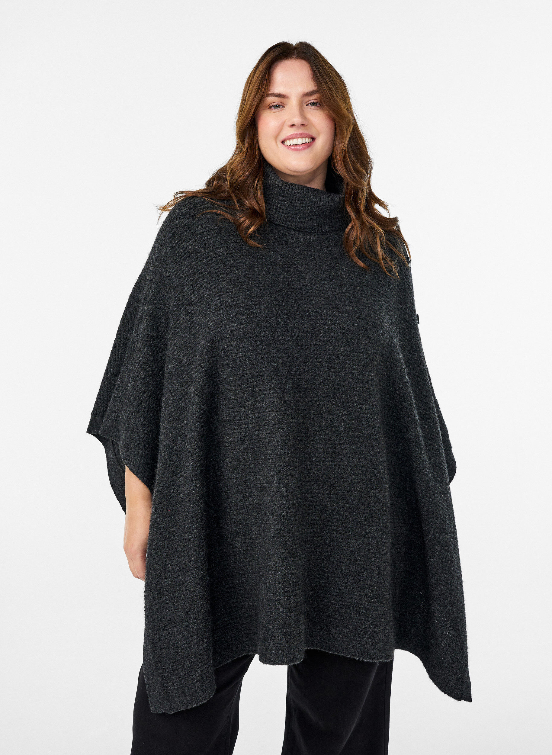 Poncho met col en knoopdetail, Grijs, Model