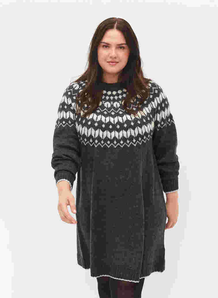 Gebreide jurk met motief en wol, Dark Grey Mel Comb, Model
