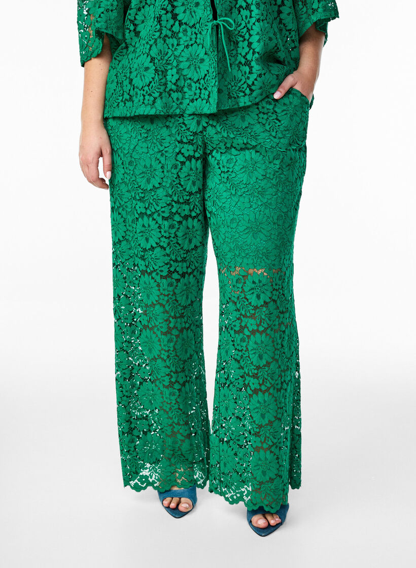 Kanten broek met hoge taille en zakken, Groen, Model image number 2