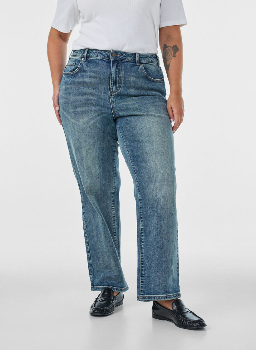 Kiana straight-fit jeans met een licht versleten look, Blauw, Model image number 2