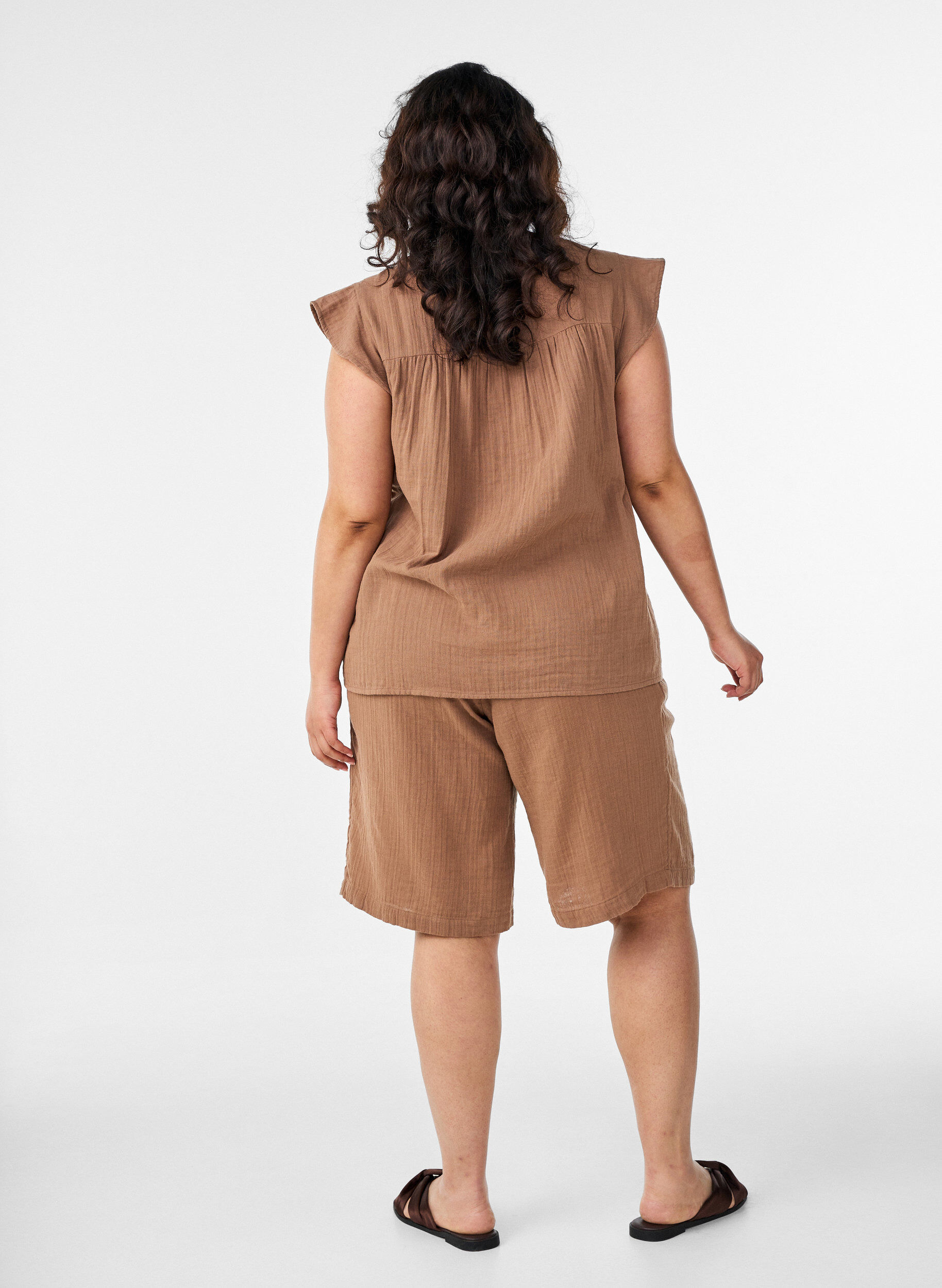 ZizziLos katoenen mousseline shorts met een hoge taille, Bruin, Model image number 2