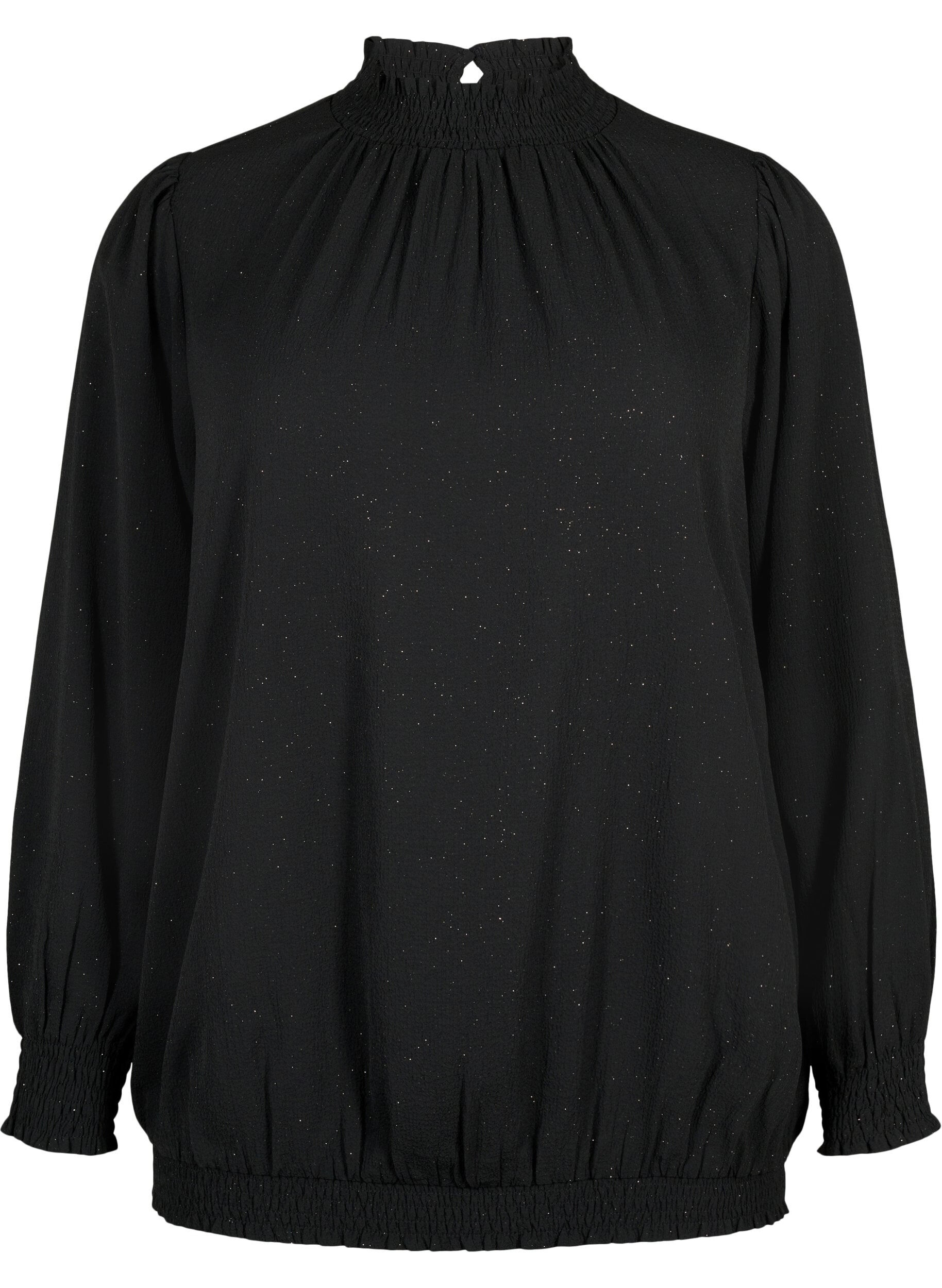 Zizzi FLASH - Blouse met lange mouwen, smok en glitter	, Black w. Silver, Packshot image number 0