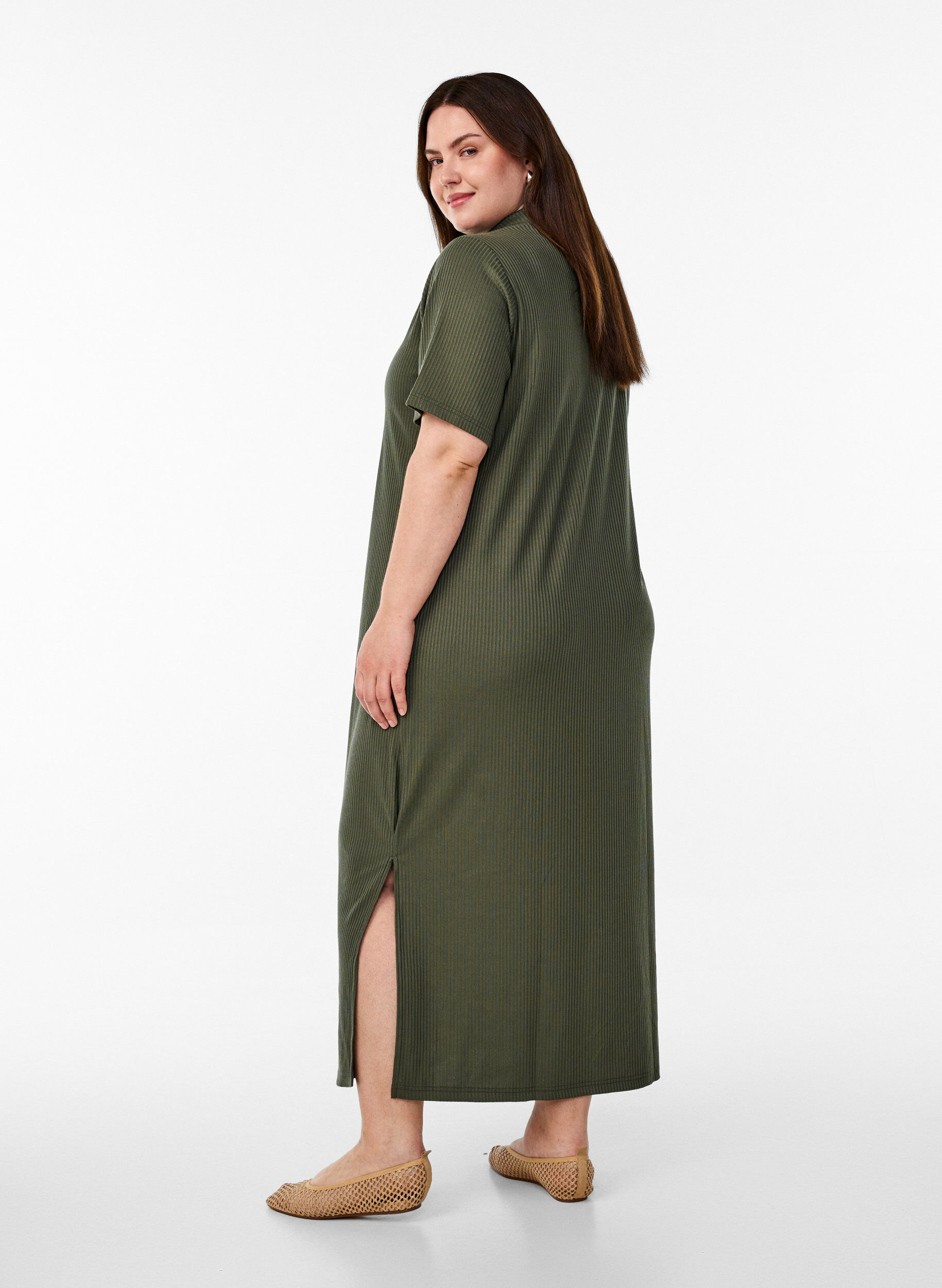 Zizzi Jersey maxi jurk met kraag en korte mouwen, Groen, Model image number 1