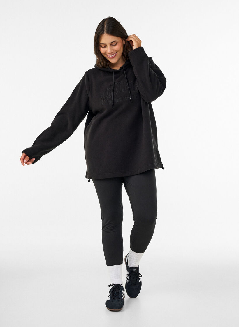 Fleece hoodie met een hoge nek en geborduurde tekst, Zwart, Model image number 1