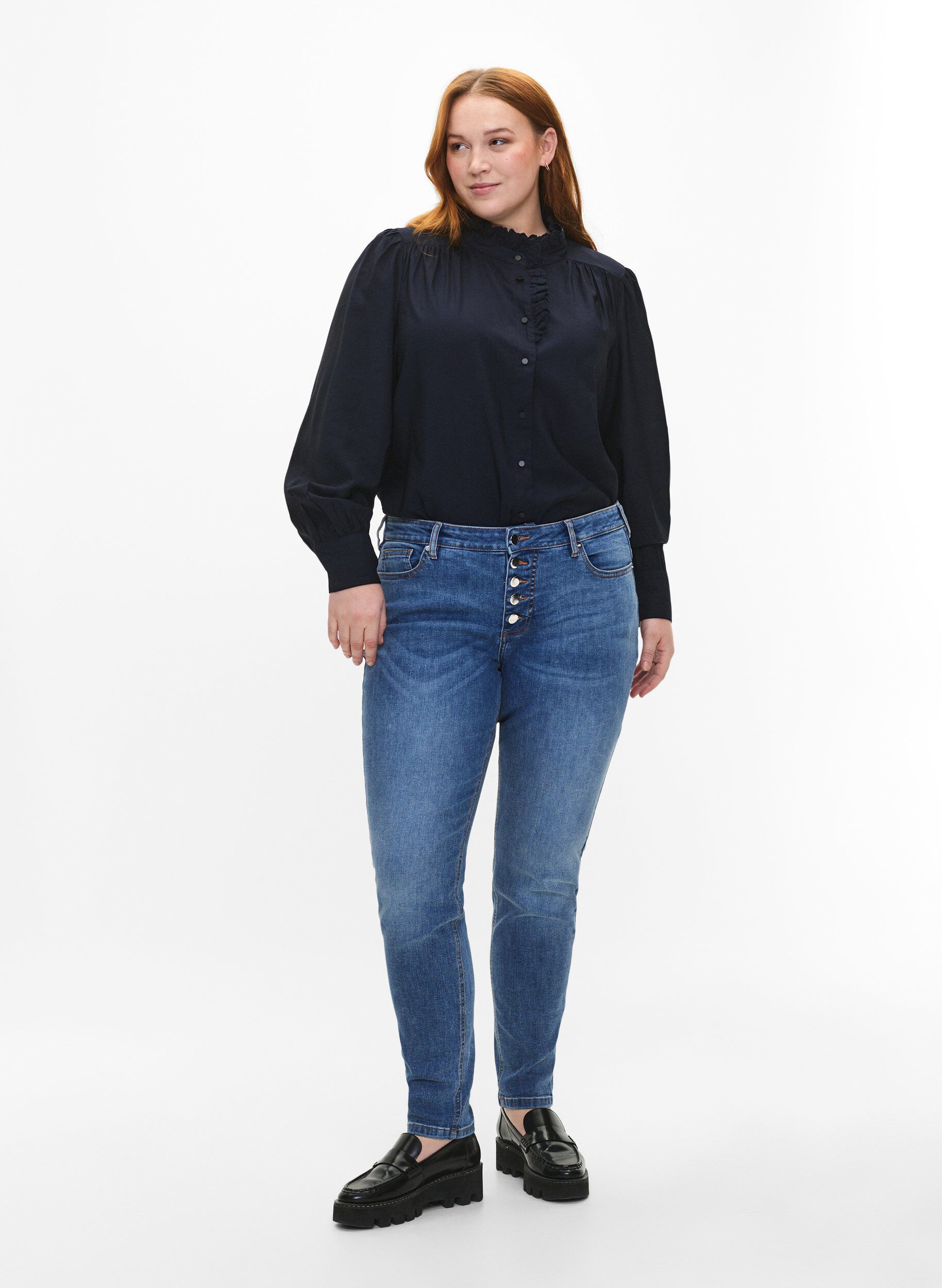Zizzi Sanna jeans met superslanke pasvorm en knoopsluiting, Blue denim, Model image number 0