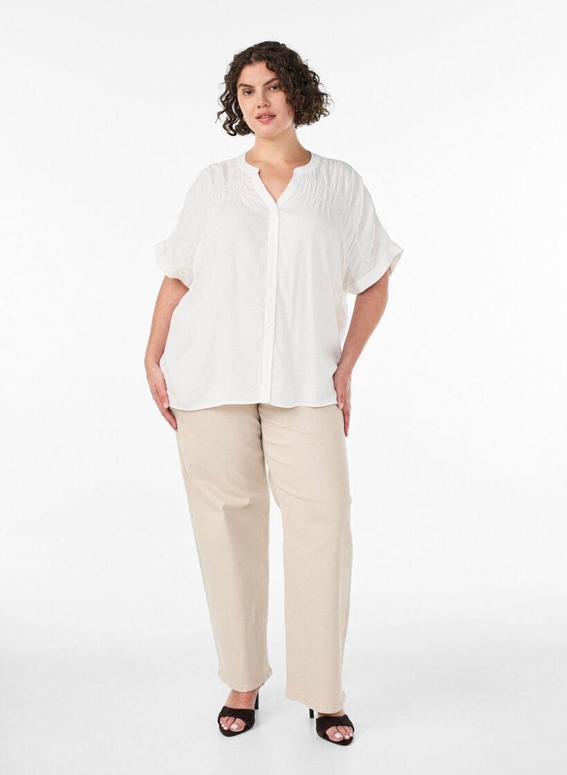 Viscose blouse met korte mouwen en rimpeldetail, Vanille, Model image number 1