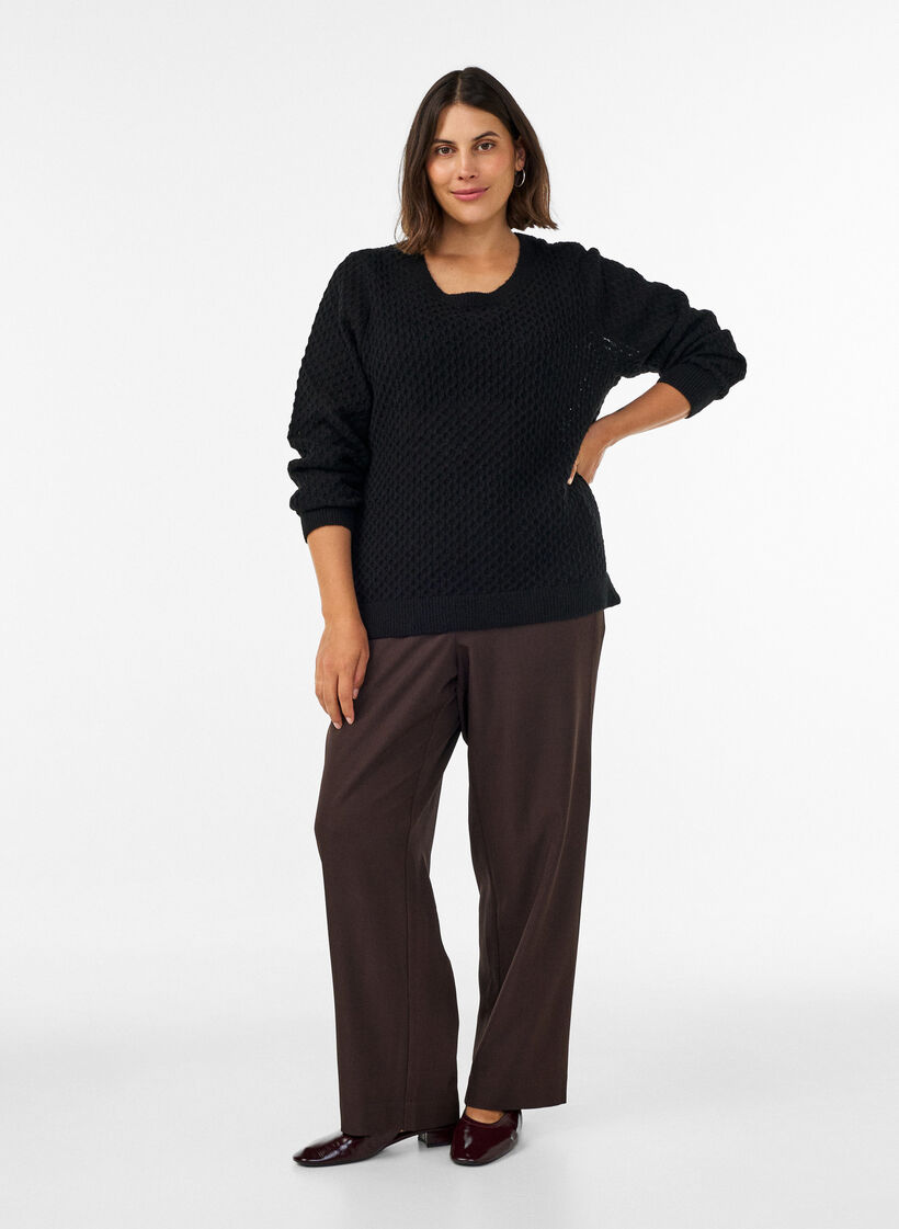 Gebreide blouse met een opengewerkt structuurpatroon, Zwart, Model image number 1