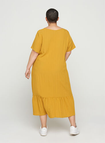 Viscose jurk met korte mouwen en v-hals, Harvest Gold, Model image number 1