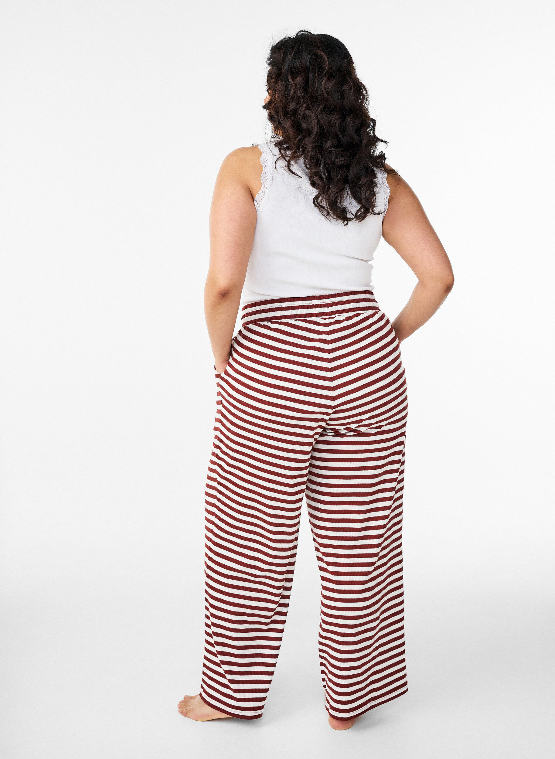 ZizziGestreepte pyjamabroek met een high waist en wijde pijpen, Rood, Model image number 1