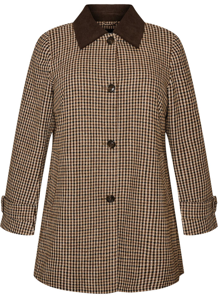 Geruite jas met corduroy kraag, Bruin, Packshot image number 0