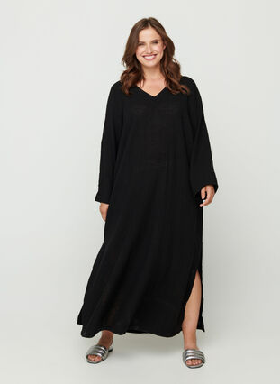 Maxi-jurk in katoen met lange mouwen, Black, Model image number 2