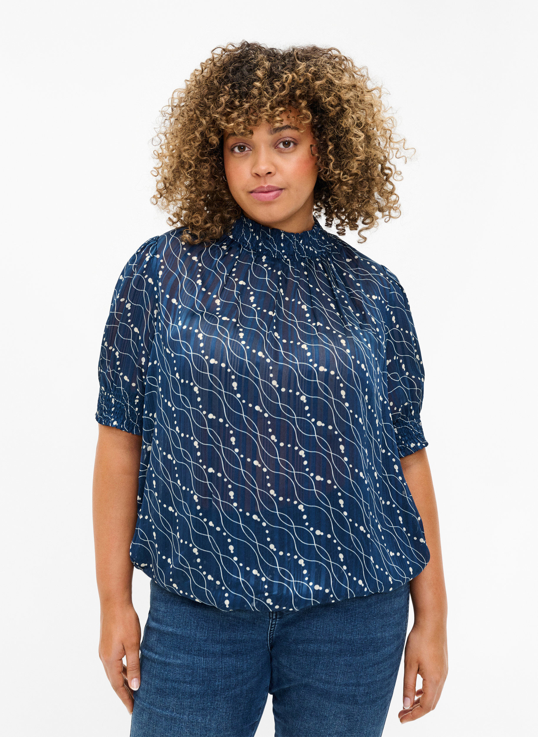 Zizzi  Smock-blouse met korte mouwen en print, Dress Bl. Swirl AOP, Model image number 0