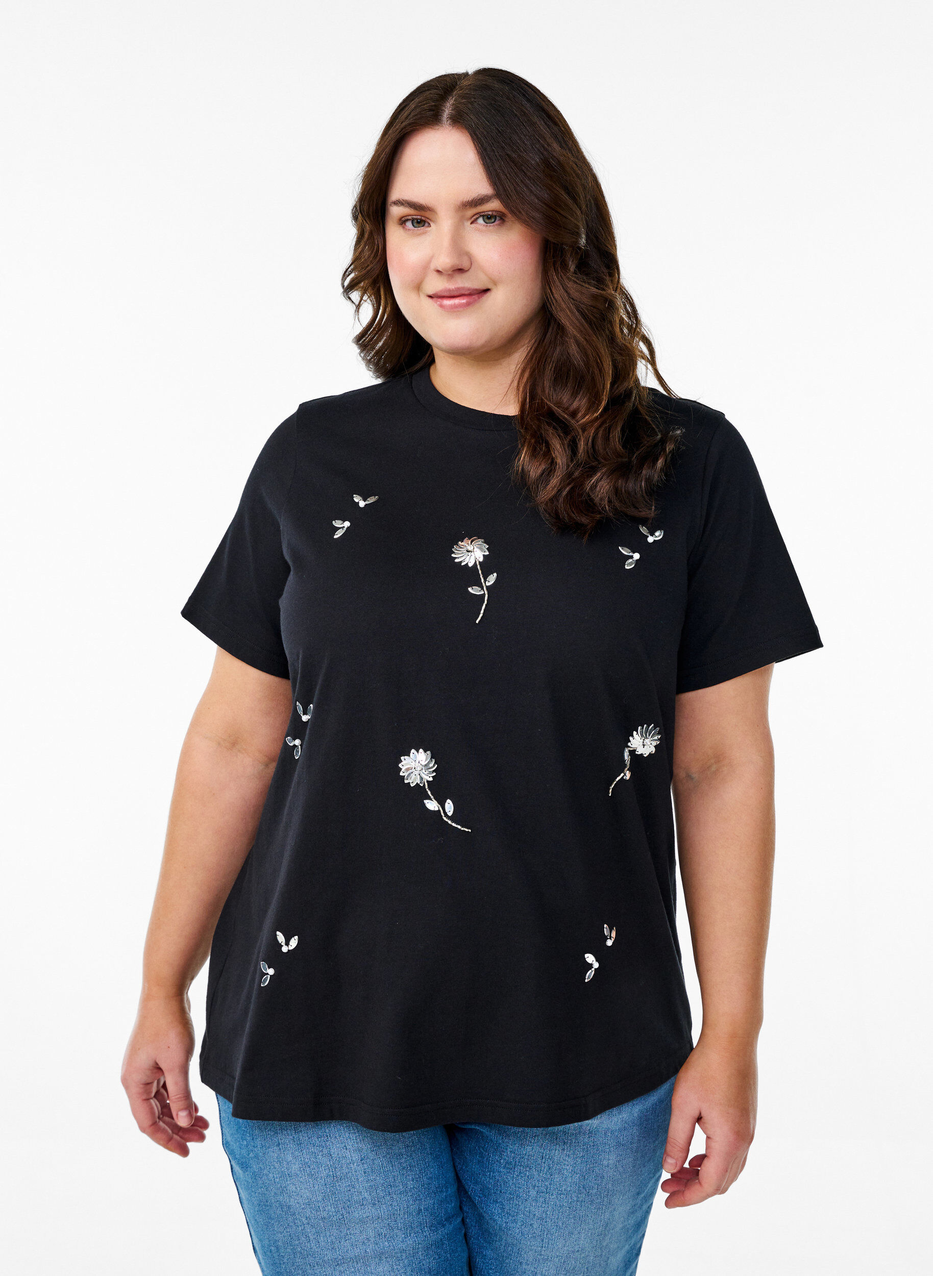 Zizzi T-shirt met paillettenbloemen, Zwart, Model image number 0