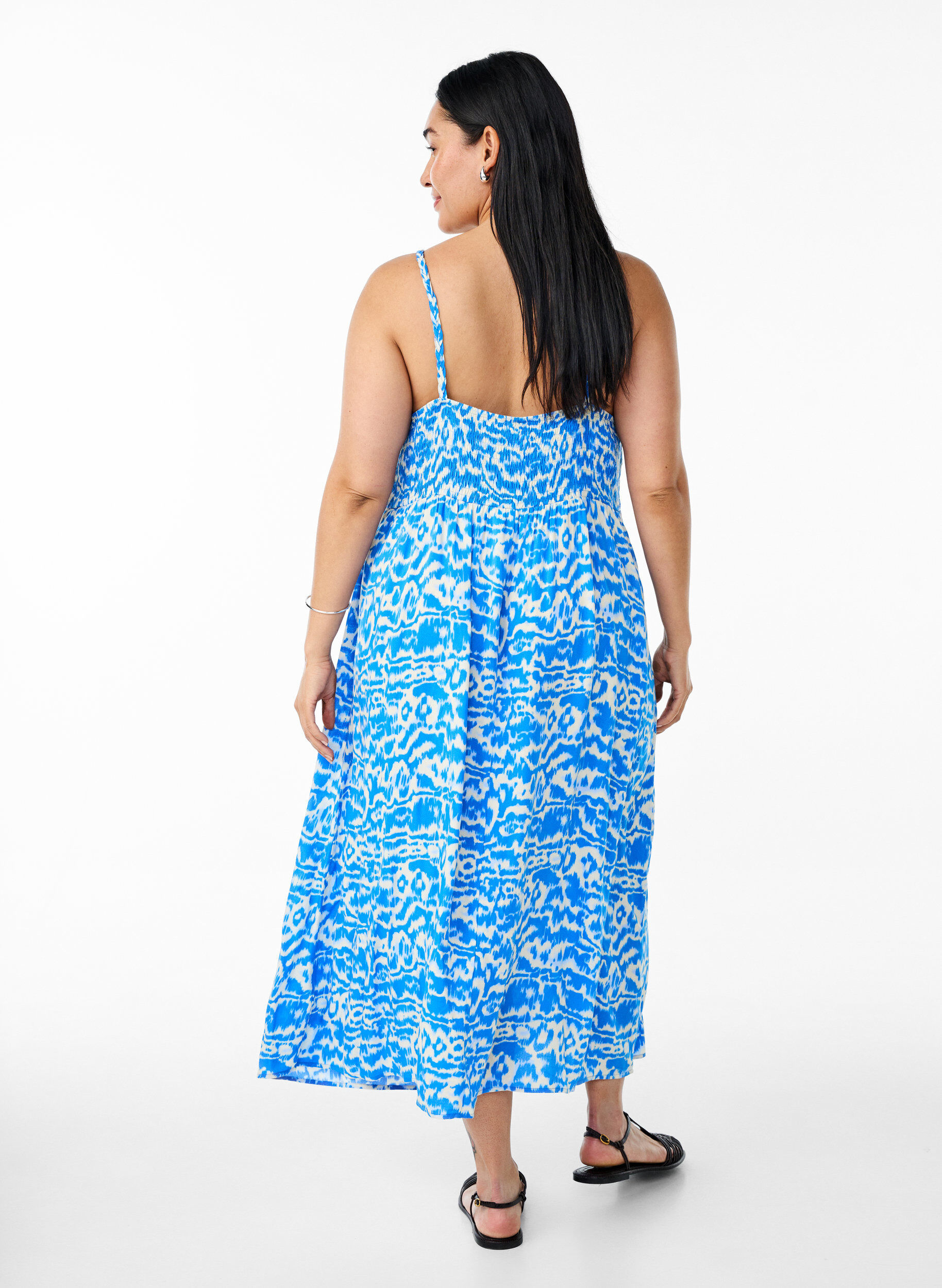 Zizzi Midi-jurk met bandjes en gesmokte rug, Blauw, Model image number 1