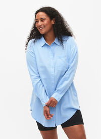 Lange shirt in linnen-viscose blend, Chambray Blue, Model