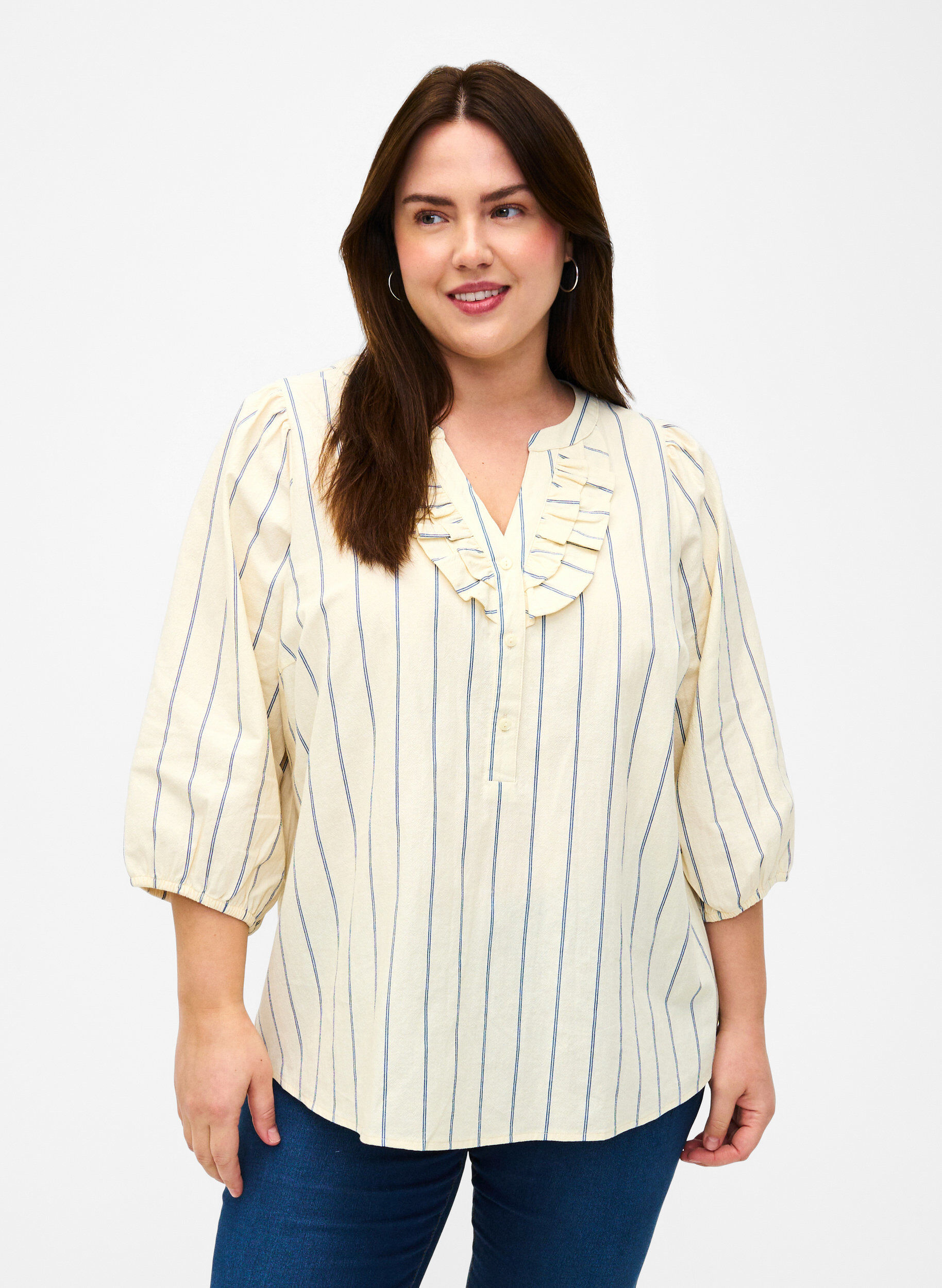 Zizzi Katoenen blouse met 3/4 mouwen en strepen, Eggnog Stripe, Model image number 0