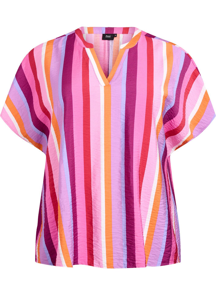 Blouse van viscose met strepen en korte mouwen, Roze, Packshot image number 0