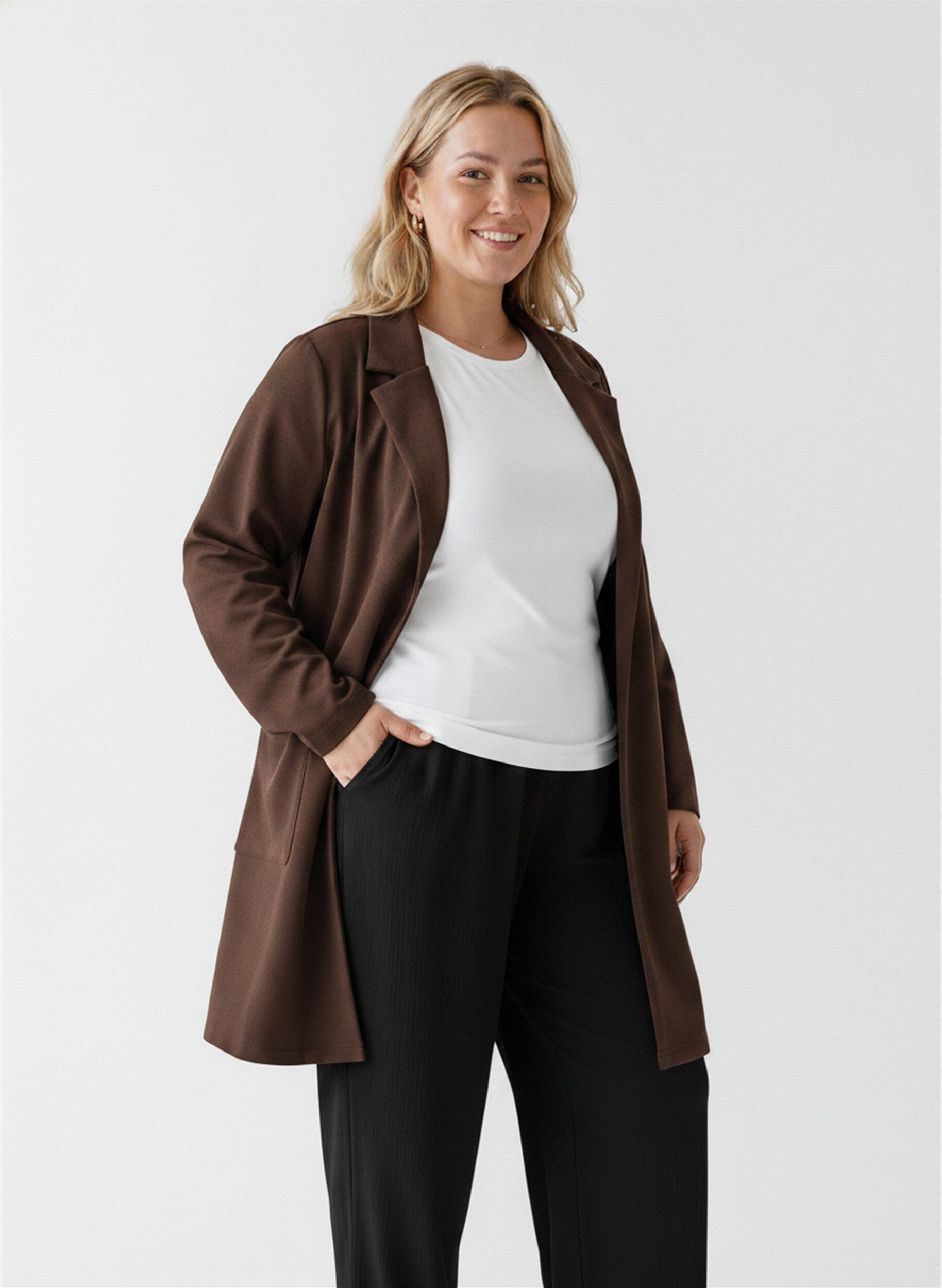 ZizziLange jas met zakken, Bruin, Model image number 0
